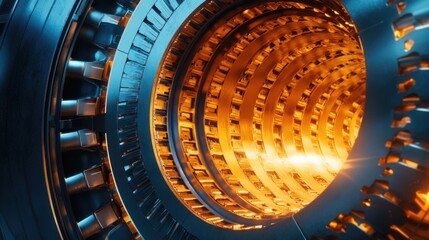 Industrial turbine close-up with glowing interior components and metallic textures showcasing engineering and technology details Copy Space