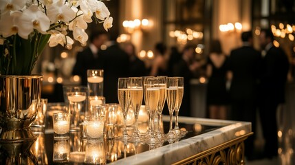 Luxurious Champagne Reception with Orchids and Candlelit Elegance