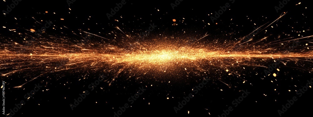 Wall mural golden sparks and light streaks on black background creating an abstract cosmic effect with copy spa