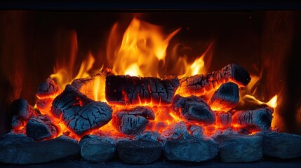 Glowing fireplace with burning logs and embers on stone base creating warm atmosphere Copy Space