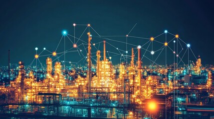 Fototapeta premium Industrial Cityscape at Night with Network Connections Overlay
