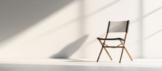 Folding metal chair with wooden accents positioned in a well-lit studio environment, featuring ample empty space for text inclusion.