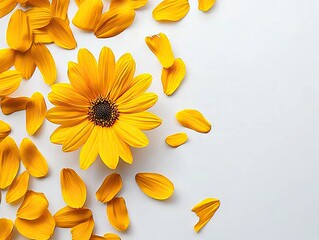 Obraz premium Vibrant yellow flower with petals on white background nature photography studio setting close-up view