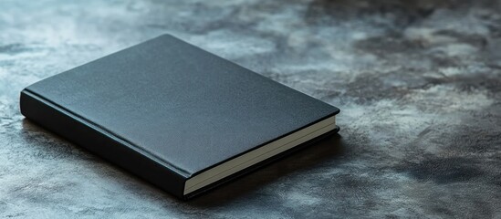 Black notebook with blank pages and elastic closure positioned on a textured gray background, featuring ample copyspace for text insertion.