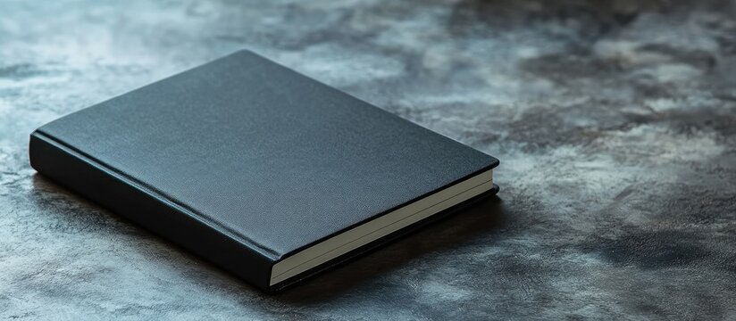 Black notebook with blank pages and elastic closure positioned on a textured gray background, featuring ample copyspace for text insertion.