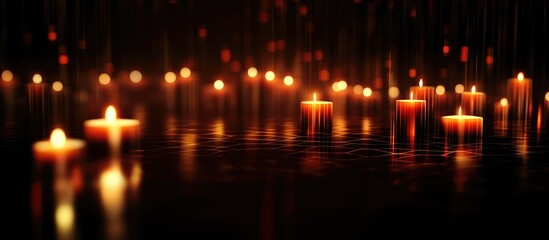 Virtual Stock Market Candlestick Chart Analysis with Warm Orange and Red Light Reflections on Dark Background and Blank Copyspace for Text