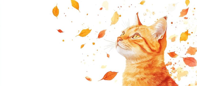 Vibrant Autumn Cat Watercolor Illustration in Warm Orange and Yellow Tones on Crisp White Background with Falling Leaves and Space for Custom Text