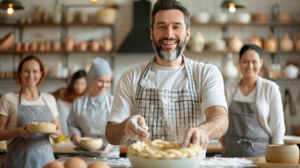 A cheerful chef prepares dough in a cozy kitchen while several people assist, creating a warm and engaging cooking atmosphere.
