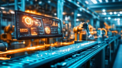 Obraz premium High-Tech Industrial Factory with Robotic Automation and Monitors