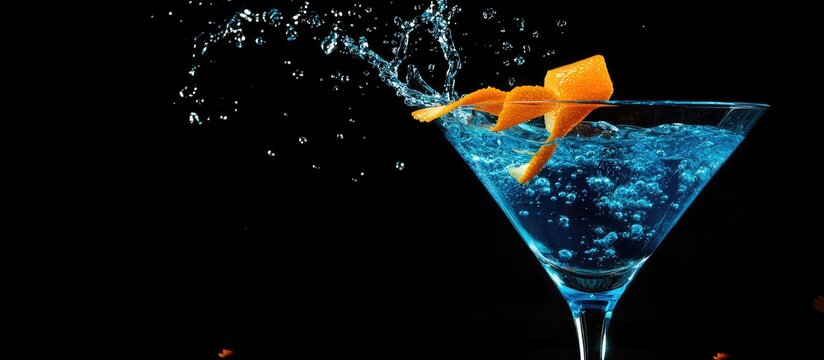 Blue martini being poured with orange peel garnish, splash effect, against a black backdrop, with negative space for text. - Powered by Adobe