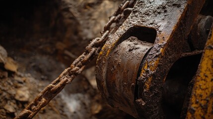 Rusty chain and heavy machinery hook covered in dirt and grime, showcasing industrial wear and tear in a construction site environment. Copy Space.