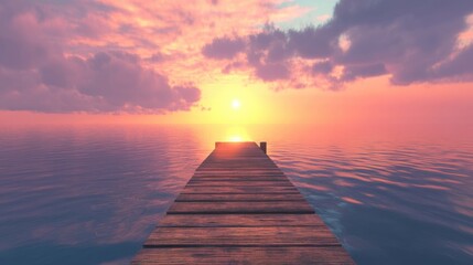 Obraz premium Colorful sunset over calm water viewed from a wooden pier with reflective surface and dramatic clouds Copy Space