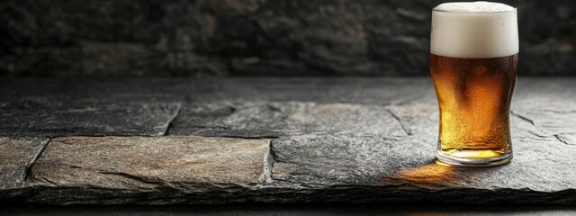 Glass of beer with frothy head on a stone surface with Copy Space for text insertion.