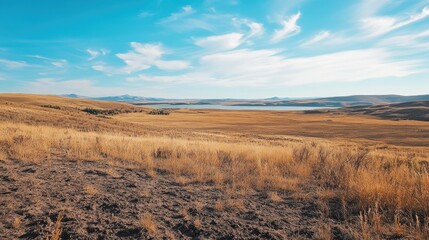 Vast golden grassland landscape under a clear blue sky with distant mountains and a serene lake Copy Space