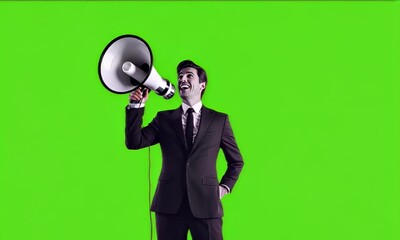 Businessman announcing news, green screen background, public address