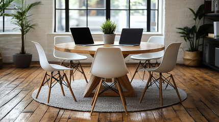 Obraz premium A minimalist meeting room setup with a roundtable and laptops, ready for a team discussion. Bright lighting, contrast