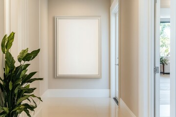 Bright corridor showcasing an empty frame beside lush green plant and inviting open door leading to an airy living space