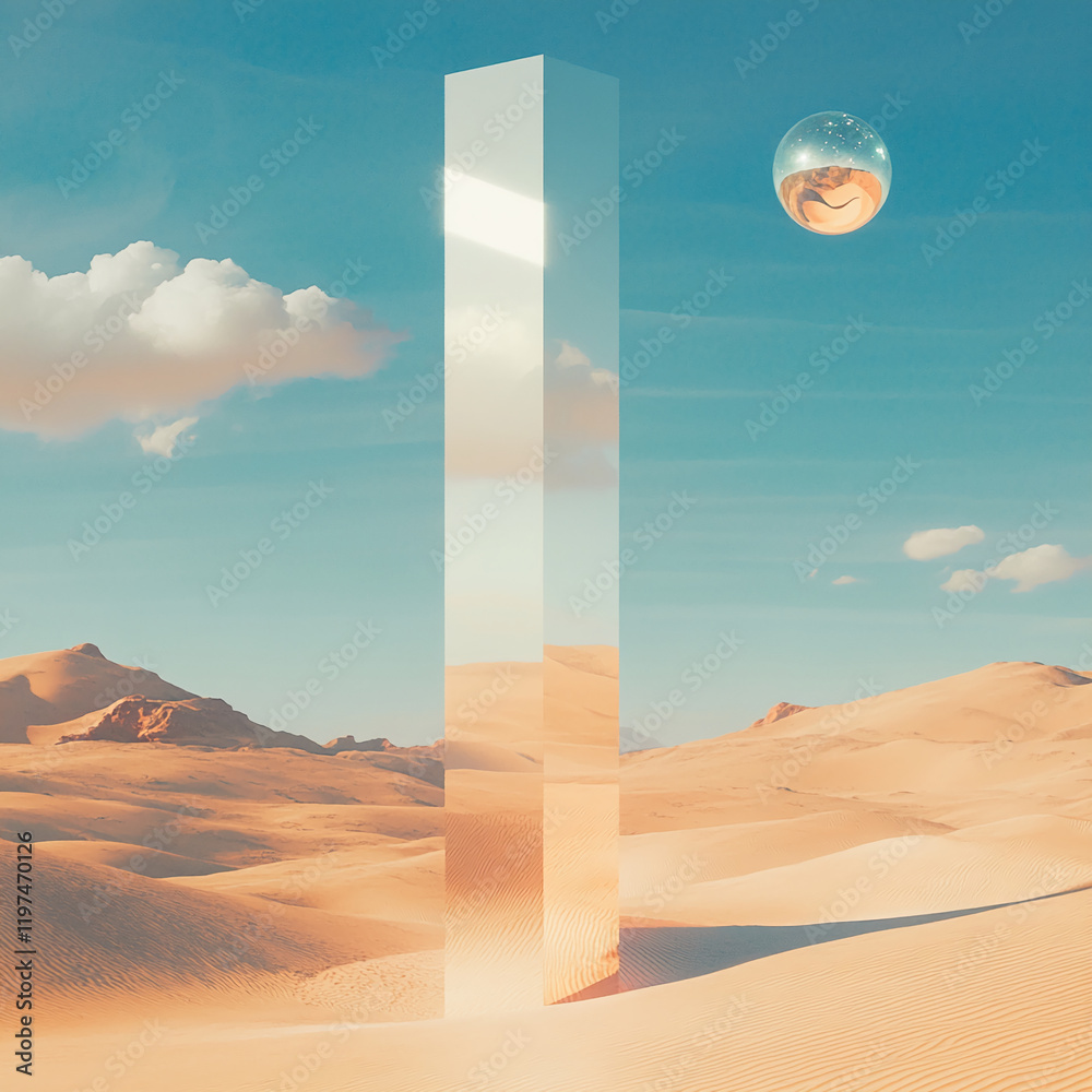 Poster Futuristic desert with a glass monolith and floating sphere under blue sky
