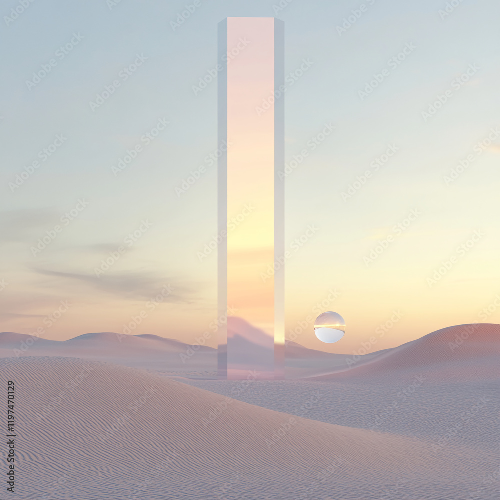 Poster surreal desert scene with a glass monolith and floating sphere at sunset