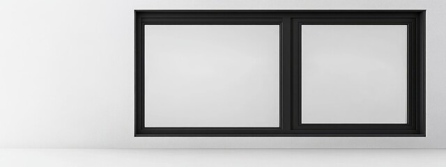Modern black frame window on white wall with blank interior for copy space. Minimalist design concept for architecture or real estate.
