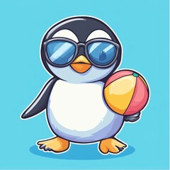 Fototapeta premium Cartoon penguin wearing sunglasses holding a beach ball on a light blue background. For summer use