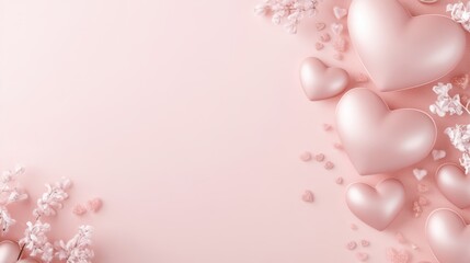 A whimsical display of vibrant hearts and delicate flowers dances across a soft pink backdrop, capturing the essence of love and celebration on Valentine's Day.