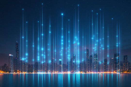 City skyline illuminated at night with digital connectivity lines