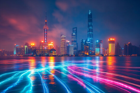 Vibrant city skyline at night showcasing digital connectivity through lights