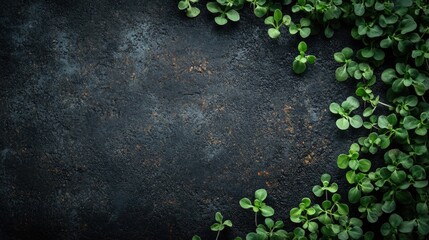 Green leaves on dark textured surface with ample copy space for text insertion perfect for nature, gardening or wellness themes.