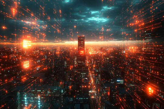 City skyline at night with glowing lines symbolizing digital connectivity