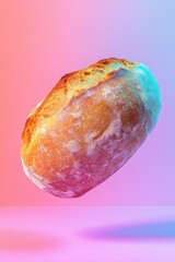 Fototapeta premium Artisan sourdough bread loaf floating in vibrant neon shades, modern food photography on a gradient background