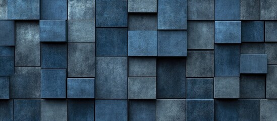 Textured gray and blue concrete wall with stacked rectangular panels and geometric patterns ideal for background use with Copy Space