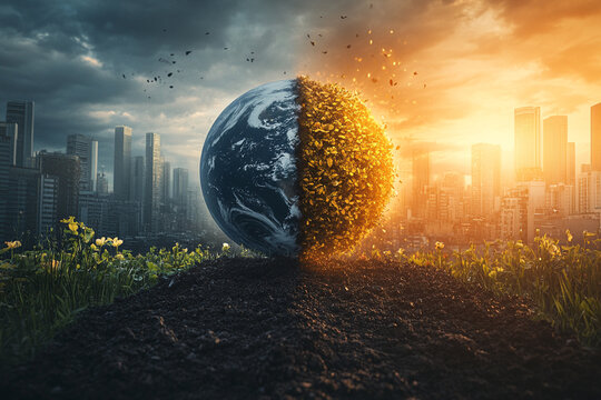 Earth split between pollution and thriving nature's futures