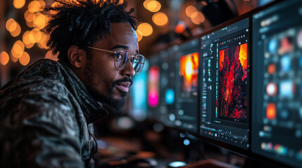 A professional working on a design mockup, with multiple screens showing UI prototypes. Bright lighting, contrast