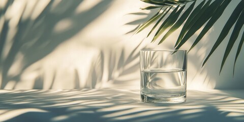 Glass of water on a table with palm shadows cast on a light background featuring copy space for text insertion