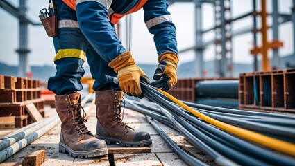 Industrial Worker Skillfully Handling Electrical Cables on Construction Site for Efficient Project Execution