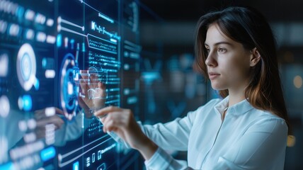 A woman interacts with a futuristic digital interface displaying data and graphs, showcasing technology and innovation.