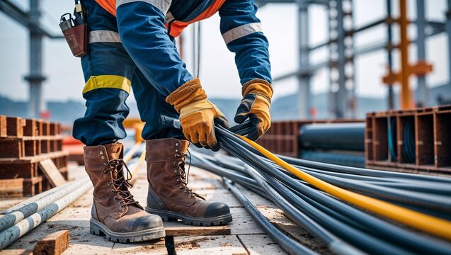 Industrial Worker Skillfully Handling Electrical Cables on Construction Site for Efficient Project Execution