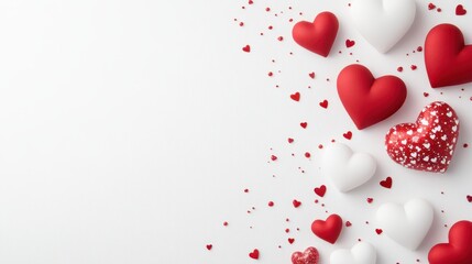 Dazzling hearts dance across a pristine white canvas, accompanied by vibrant red and white balloons, creating a whimsical Valentine's Day celebration.
