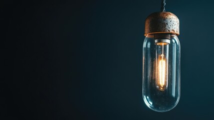 Vintage Edison light bulb in glass enclosure with copper cap against dark background with copy space for text or branding purposes.