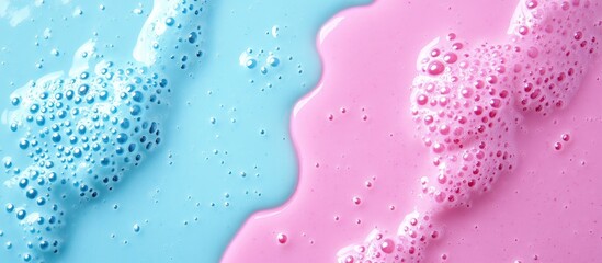 Blue and pink soap bubbles on a glossy surface with copy space for text or branding