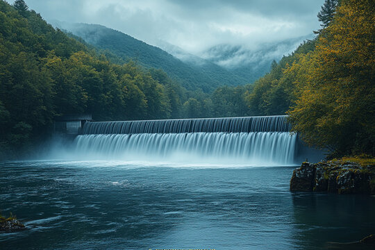 Hydropower dam in a lush green landscape under a cloudy sky