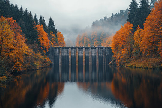Hydropower dam amid autumn foliage reflecting on calm waters