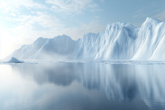 Melting glacier reflects stunning polar landscape under soft sunlight
