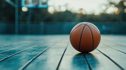 Basketball on wooden court with blurred background of basketball hoop and trees Copy Space