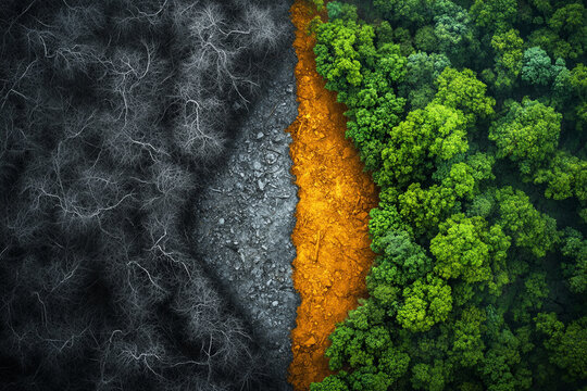 This striking aerial view reveals the devastating impact of deforestation