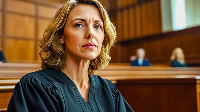 Middle-aged Caucasian woman courtroom.Professional attire,focused expression.Legal judging,environment.Daytime session reflects serious atmosphere.Judge conducts trial utmost concentration.Courthouse