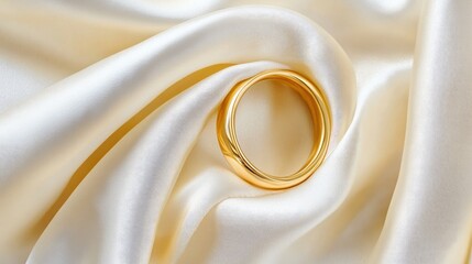 Elegant gold ring on soft satin fabric with ample copy space for text placement. Ideal for jewelry promotion or wedding-related designs.
