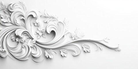 Fototapeta premium White ornamental floral relief decoration on a light background with intricate detailing and copy space for text