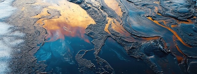 Abstract aerial view of colorful oil slick patterns on water surface with reflection of sky and copy space for text.